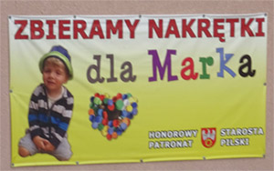 Plakat zbiórki nakrętek na rzecz małego Marka