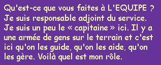 Qu'est-ce que vous faites  L'EQUIPE ? Je suis responsable adjoint du service. Je suis un peu le  capitaine  ici. Il y a une arme de gens sur le terrain et c'est ici qu'on les guide, qu'on les aide, qu'on les gre. Voil quel est mon rle.